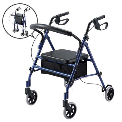 DS BD 4 Wheel Rollator Walker Seat Seniors Folding Elderly Steel Blue Auswheel