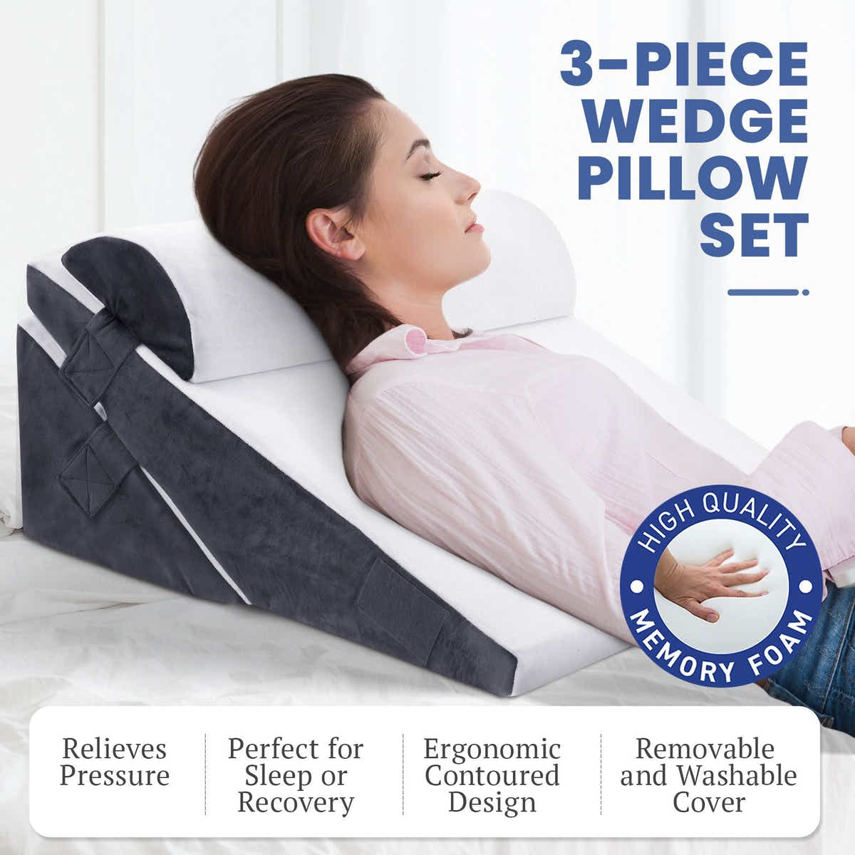 DS BD 3 Piece Bed Wedge Pillow Set Back Support Fabric Backrest Cushion Grey