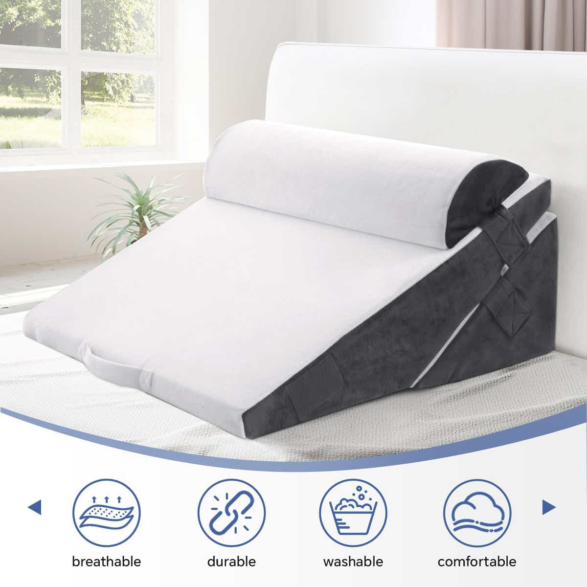 DS BD 3 Piece Bed Wedge Pillow Set Back Support Fabric Backrest Cushion Grey