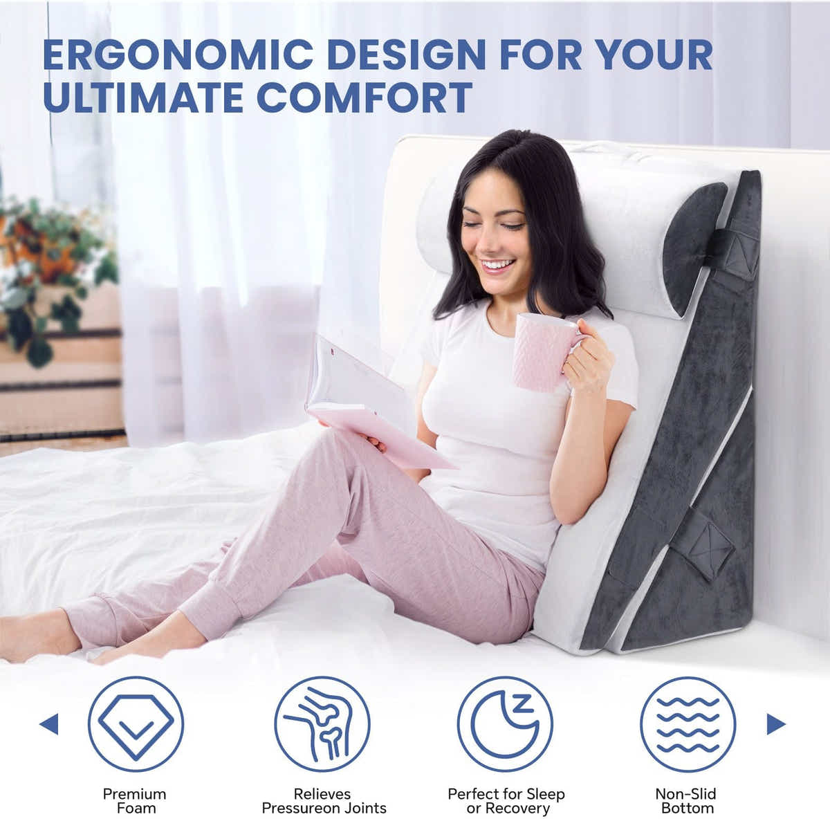 DS BD 3 Piece Bed Wedge Pillow Set Back Support Fabric Backrest Cushion Grey