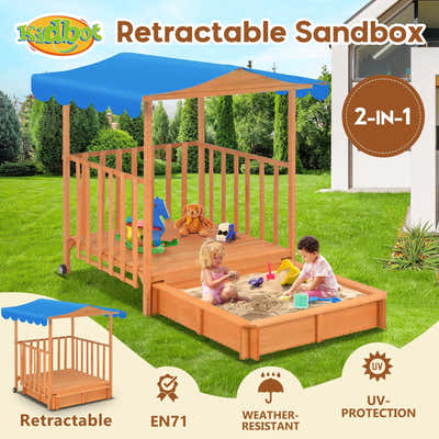 DS BD Kids Playhouse Sand Pit Wooden Box Canopy Ground Station Toys Seat Rolling