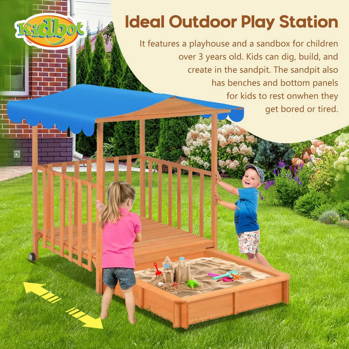 DS BD Kids Playhouse Sand Pit Wooden Box Canopy Ground Station Toys Seat Rolling