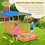 DS BD Kids Playhouse Sand Pit Wooden Box Canopy Ground Station Toys Seat Rolling