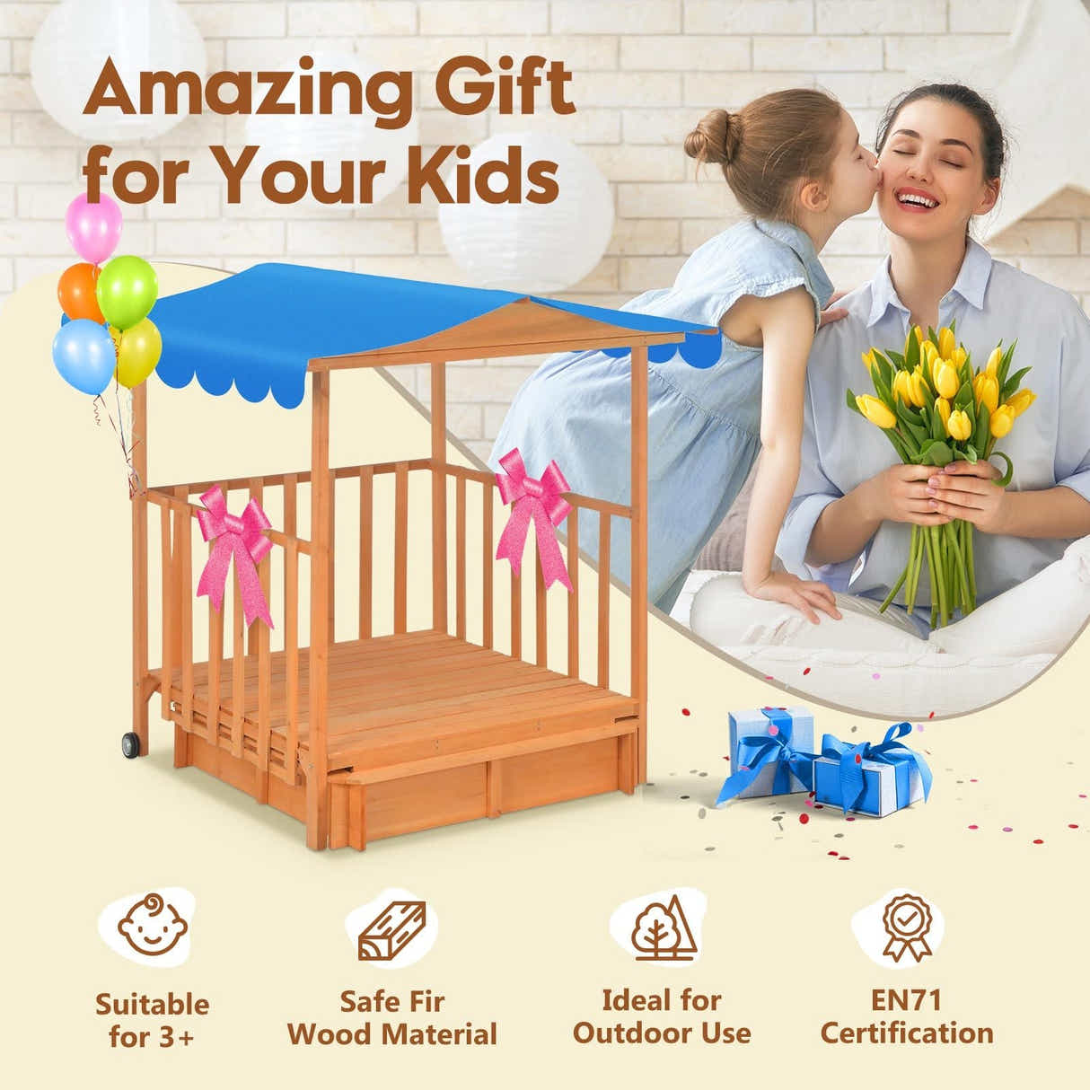DS BD Kids Playhouse Sand Pit Wooden Box Canopy Ground Station Toys Seat Rolling