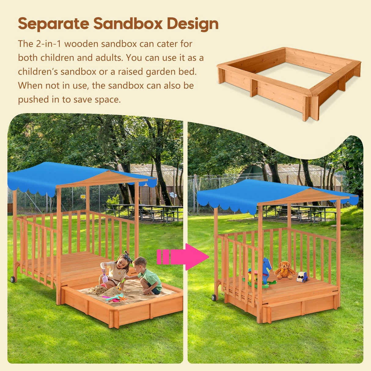 DS BD Kids Playhouse Sand Pit Wooden Box Canopy Ground Station Toys Seat Rolling