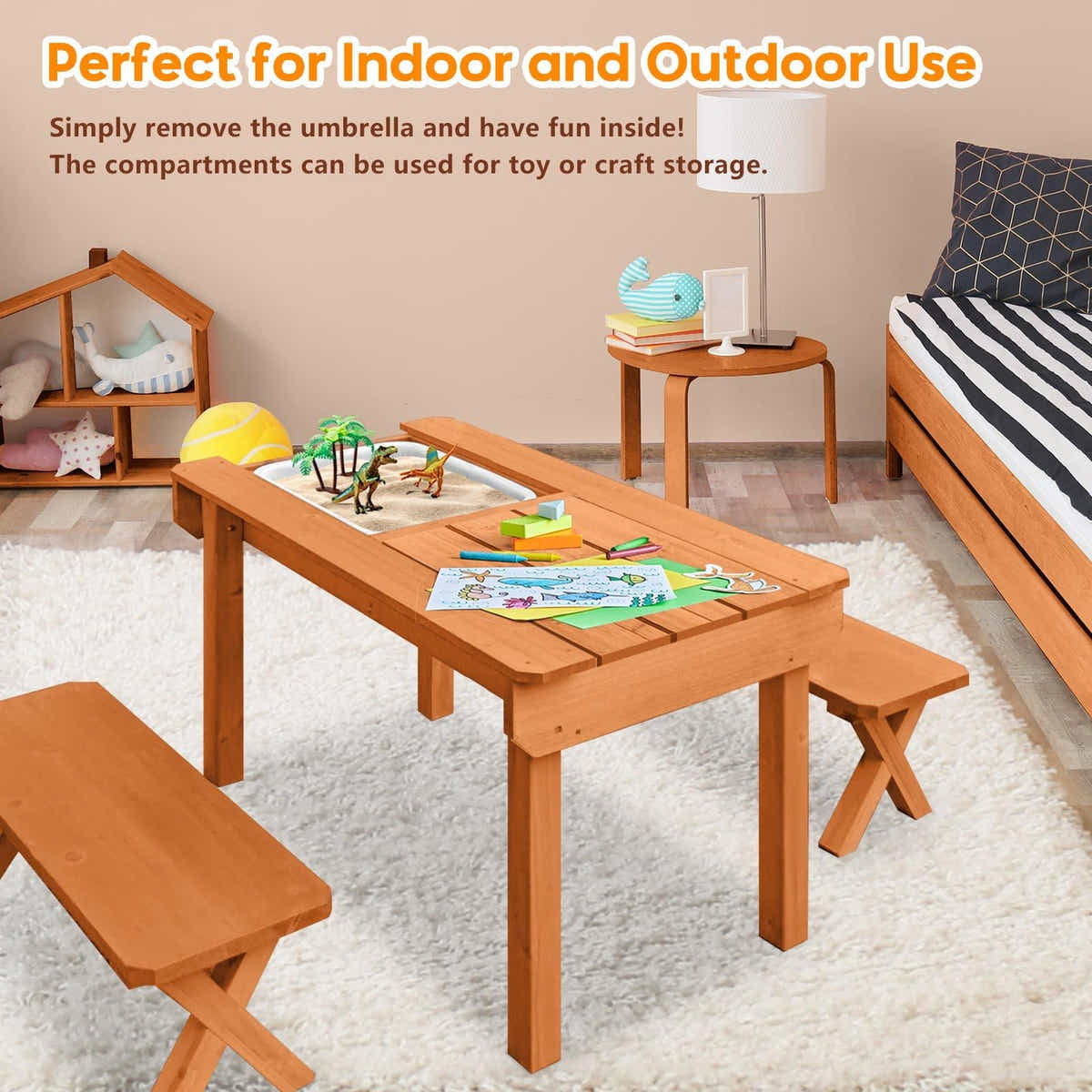 DS BD Kids Sand and Water Table Wooden Bench Adjustable Umbrella Storage Playset