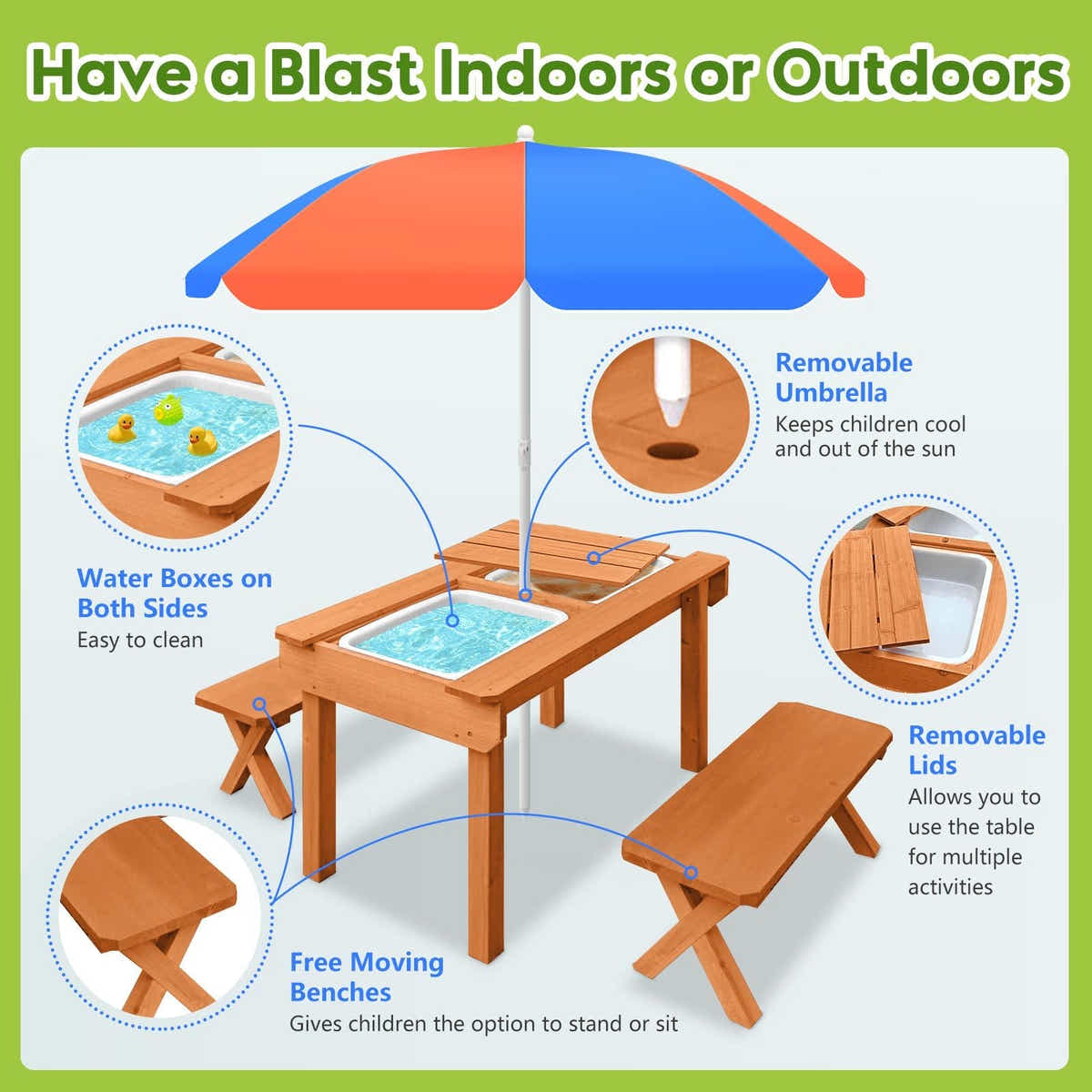 DS BD Kids Sand and Water Table Wooden Bench Adjustable Umbrella Storage Playset