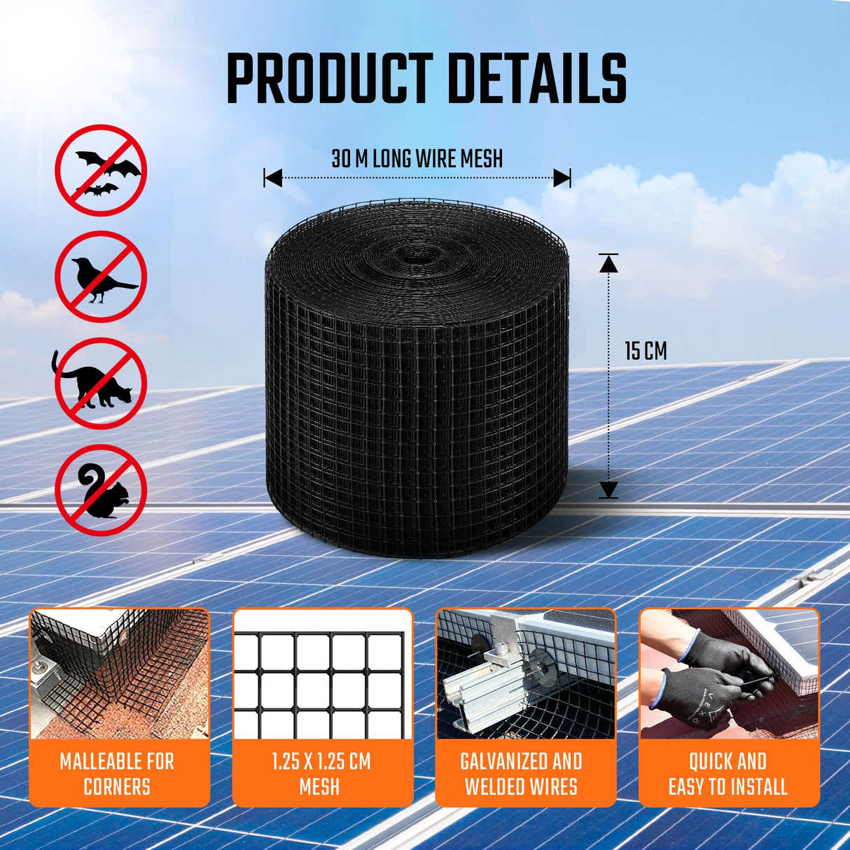 DS BD Solar Panel Bird Wire Mesh Roll Kit Barrier Black Pigeons Squirrels 30M