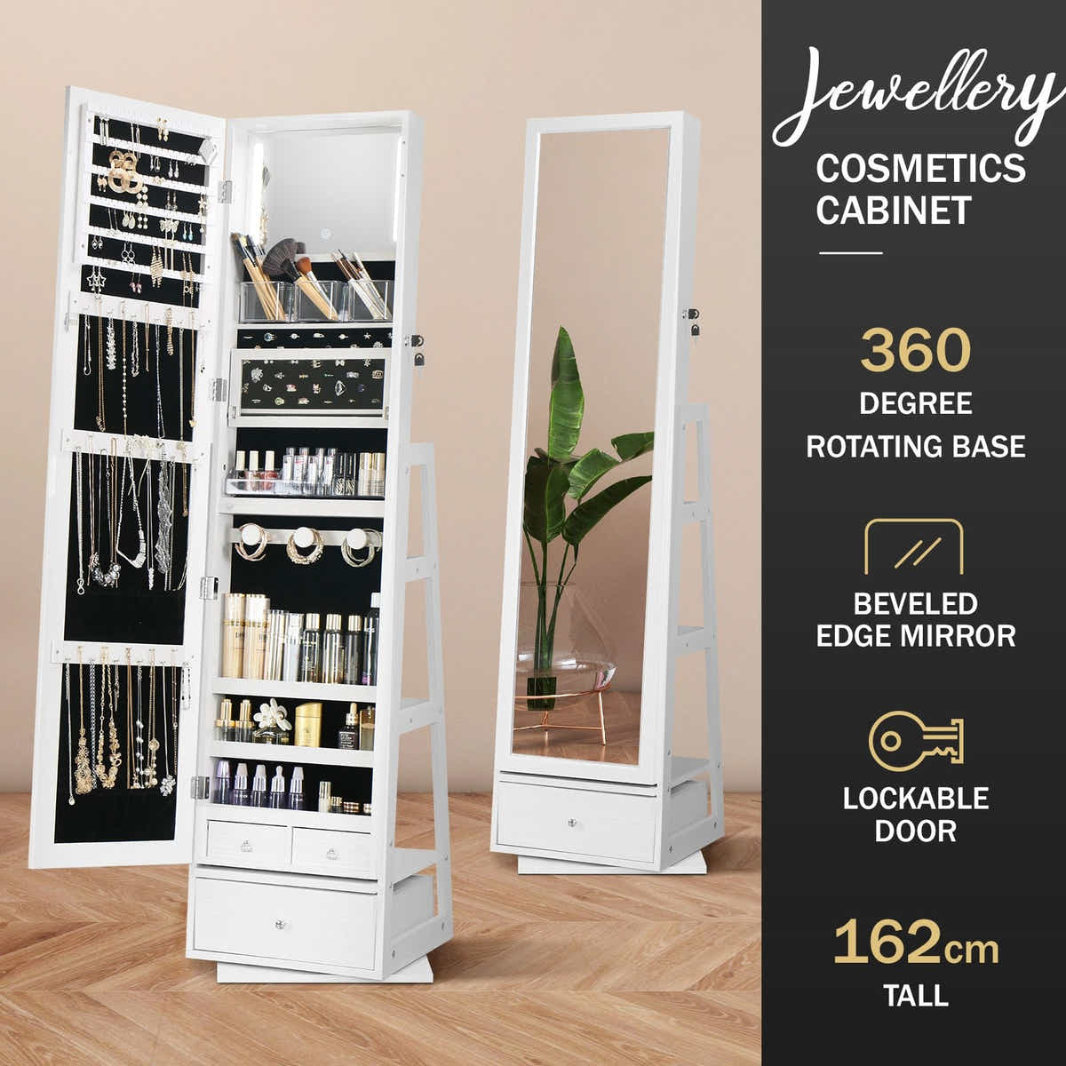 DS BD Jewellery Shelf 360 Degree Cabinet Mirror Floor Earring Ring White
