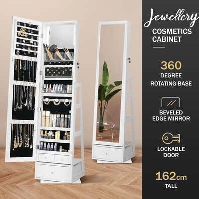 DS BD Jewellery Shelf 360 Degree Cabinet Mirror Floor Earring Ring White