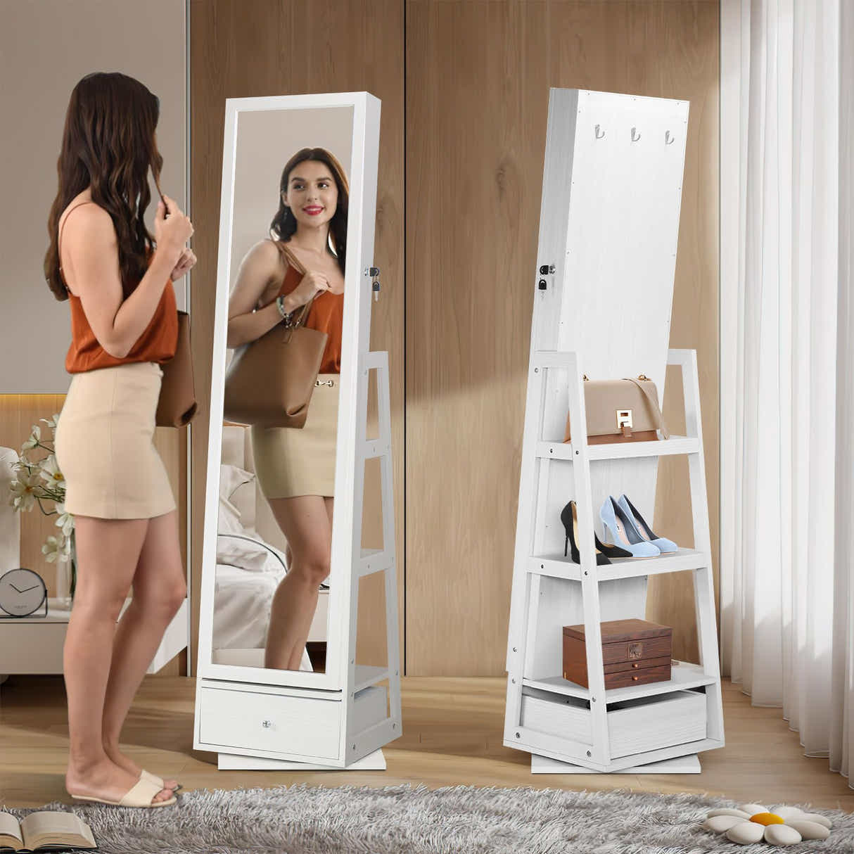 DS BD Jewellery Shelf 360 Degree Cabinet Mirror Floor Earring Ring White