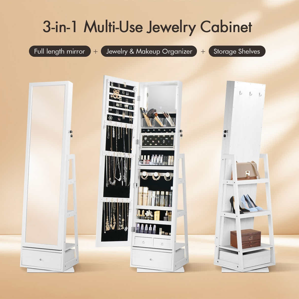 DS BD Jewellery Shelf 360 Degree Cabinet Mirror Floor Earring Ring White