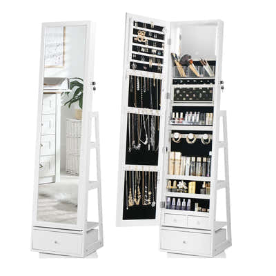 DS BD Jewellery Shelf 360 Degree Cabinet Mirror Floor Earring Ring White