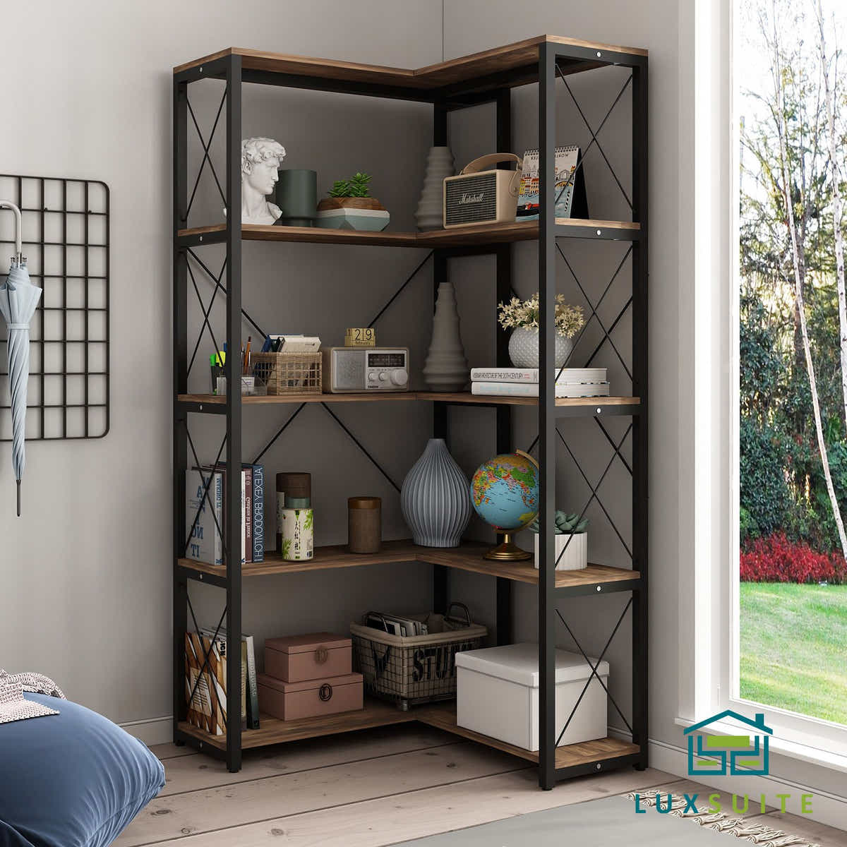 DS BD Bookshelf Corner Shelf 4 Tier CD DVD Photo Storage Media Metal Black