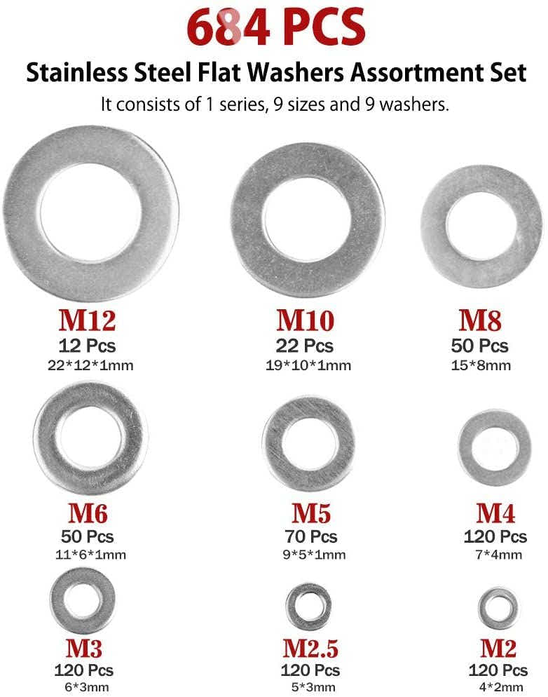 DS BS 684Pcs 304 Stainless Steel Flat Washers Assortment Washers Hardware Set