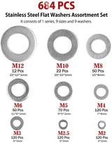 DS BS 684Pcs 304 Stainless Steel Flat Washers Assortment Washers Hardware Set