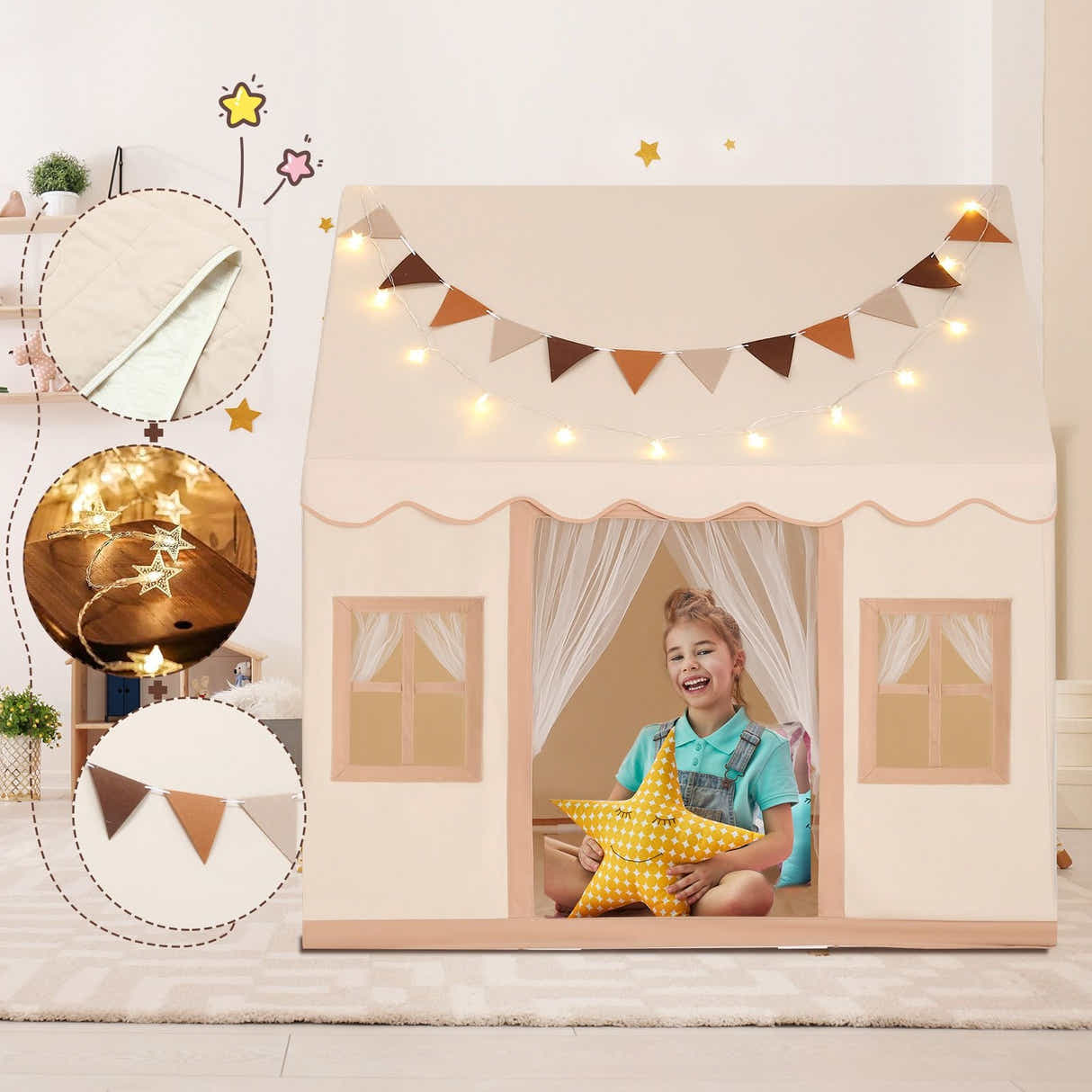 DS BD Kids Tent Playhouse Princess Castle Mat Star Banner 1 Door 3 Windows Toys