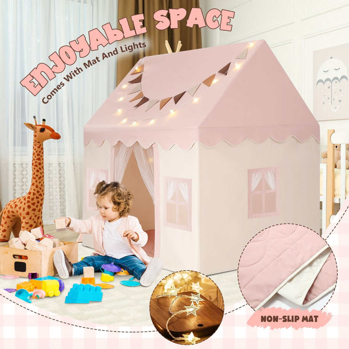 DS BD Kids Playhouse Tent Toys Castle Pink Boys Girls Banner 1 Door 3 Windows