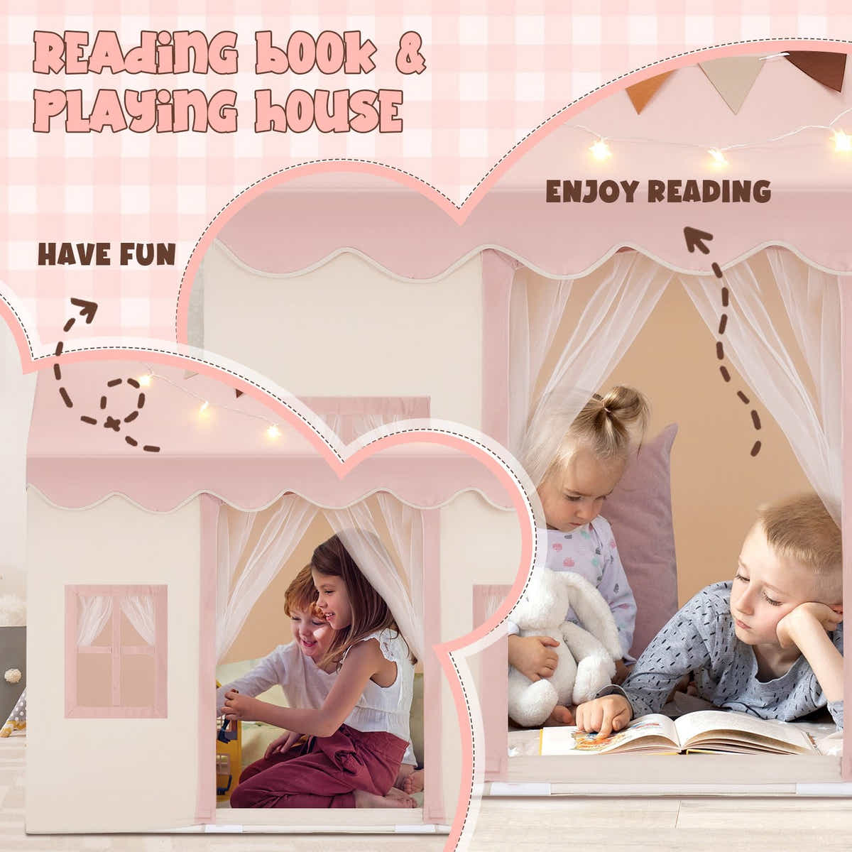 DS BD Kids Playhouse Tent Toys Castle Pink Boys Girls Banner 1 Door 3 Windows