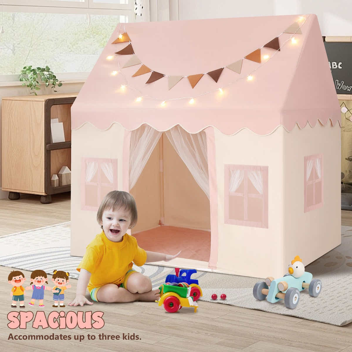 DS BD Kids Playhouse Tent Toys Castle Pink Boys Girls Banner 1 Door 3 Windows