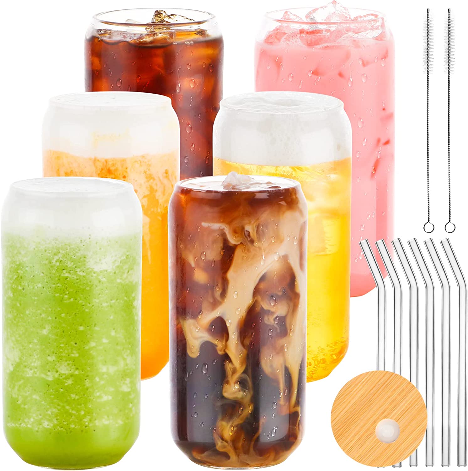 DS BS 6 Pack Drinking Glass Cup with Bamboo Lid and Straw Set