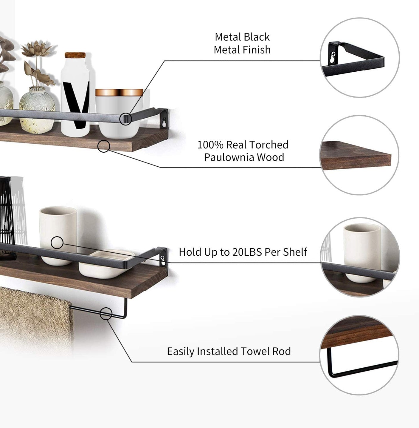 DS BS 2 Tier Rustic Floating Wall Shelves with Rails