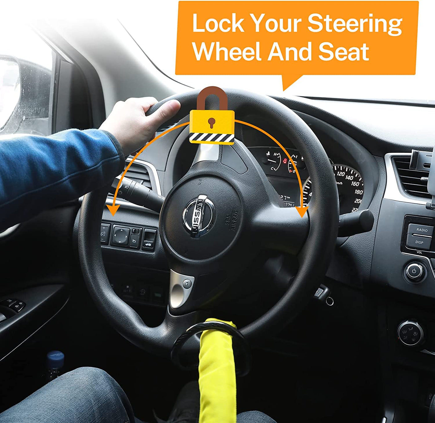 DS BS Universal Anti-Theft Steering Wheel Steel Wire Lock-Yellow