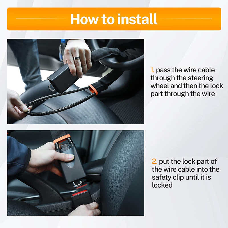 DS BS Universal Anti-Theft Steering Wheel Steel Wire Lock-Black