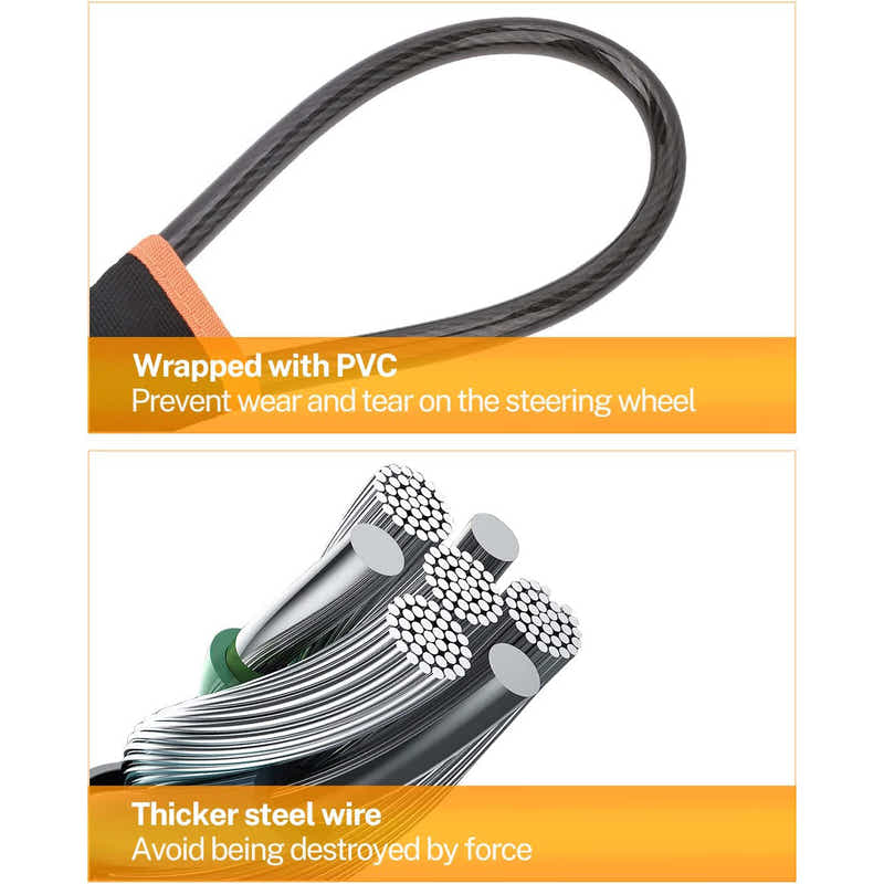 DS BS Universal Anti-Theft Steering Wheel Steel Wire Lock-Black