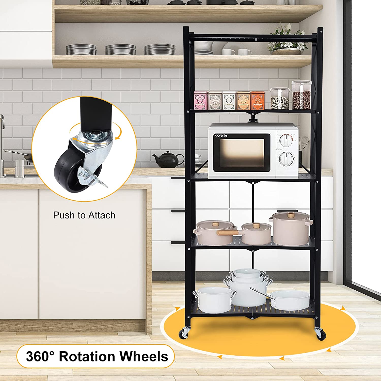 DS BS Foldable 5 Tier Kitchen Trolley Shelving Unit with Wheels