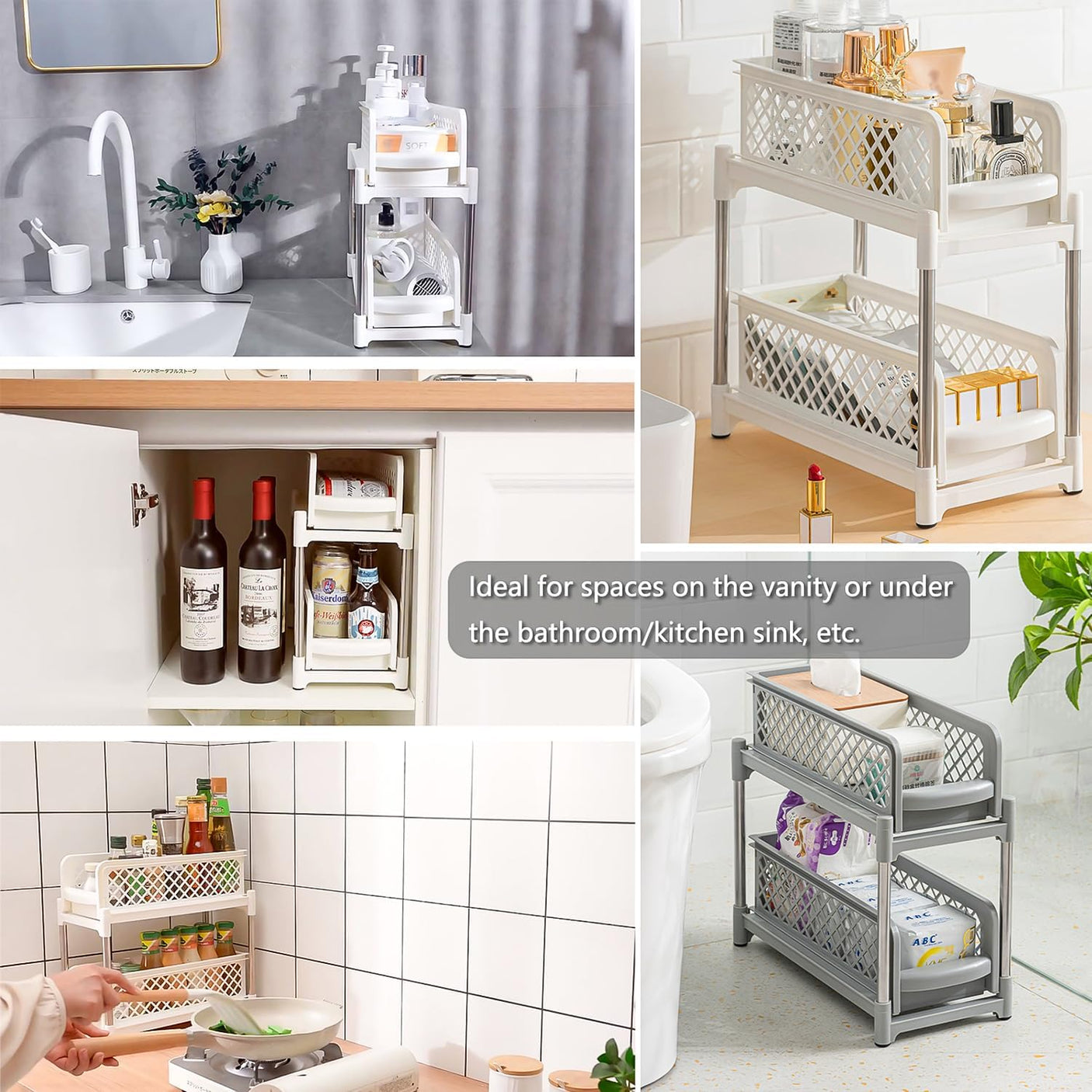 DS BS 2 Tier Bathroom Kitchen Countertop Pull Out Cabinet Organizer