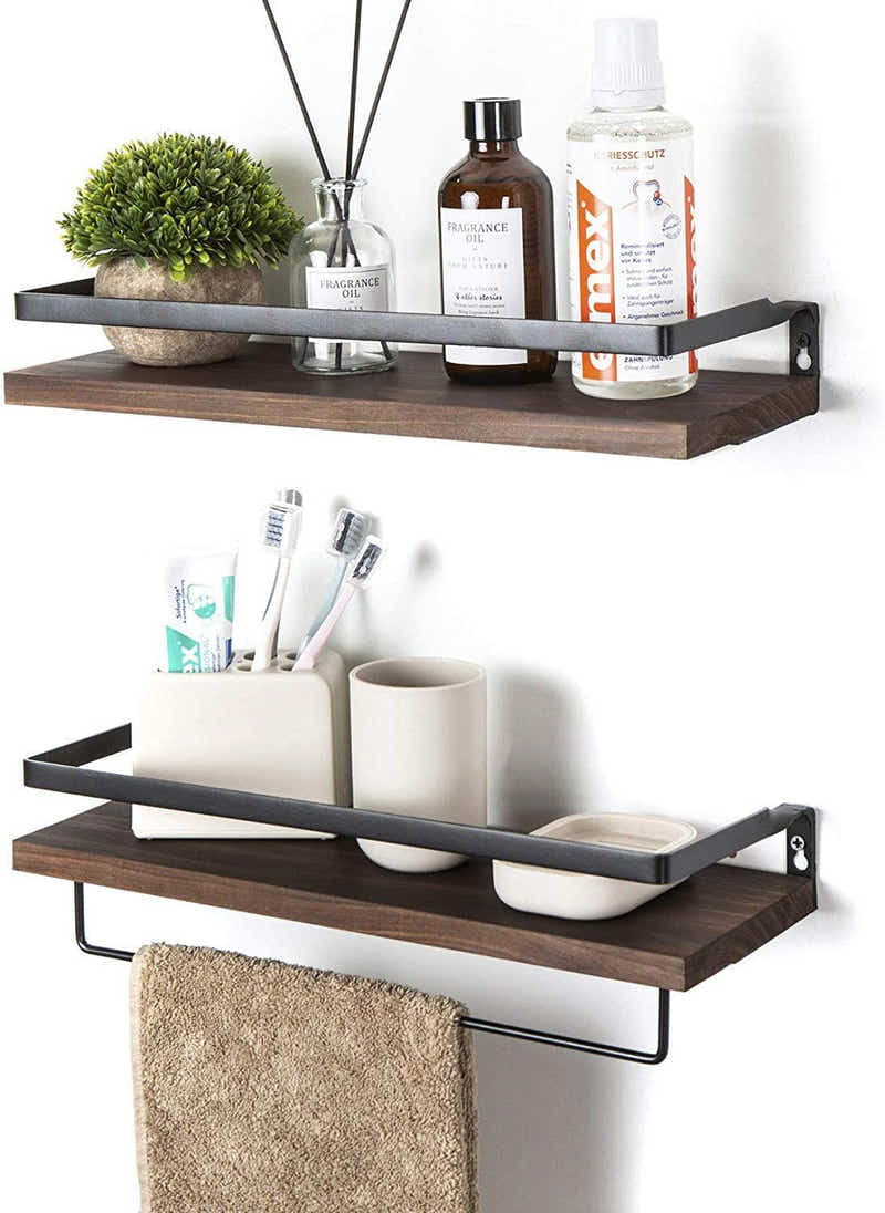 DS BS 2 Tier Rustic Floating Wall Shelves with Rails