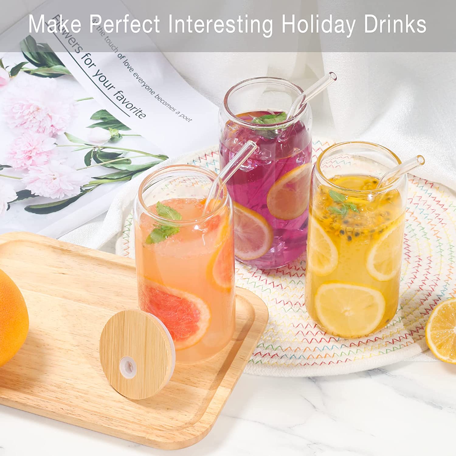 DS BS 6 Pack Drinking Glass Cup with Bamboo Lid and Straw Set