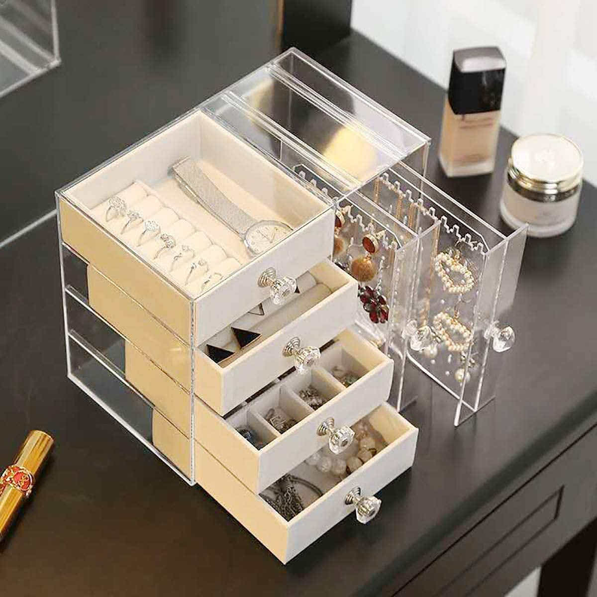 DS BS Acrylic Earring Holder and Jewelry Organizer 2 Slots 4 Drawers