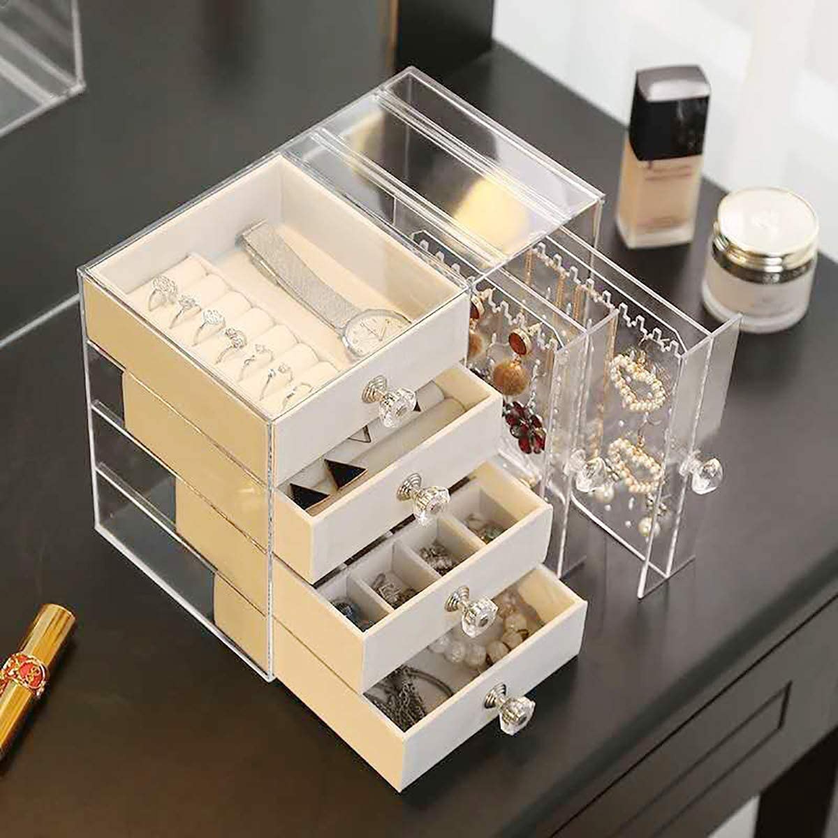 DS BS Acrylic Earring Holder and Jewelry Organizer 2 Slots 4 Drawers