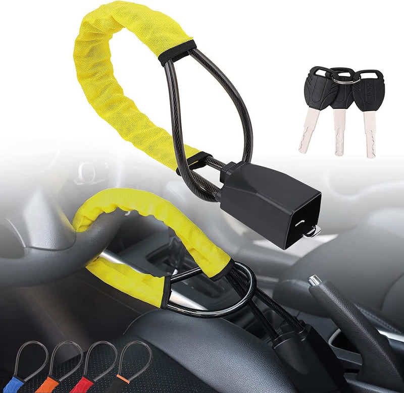 DS BS Universal Anti-Theft Steering Wheel Steel Wire Lock-Yellow