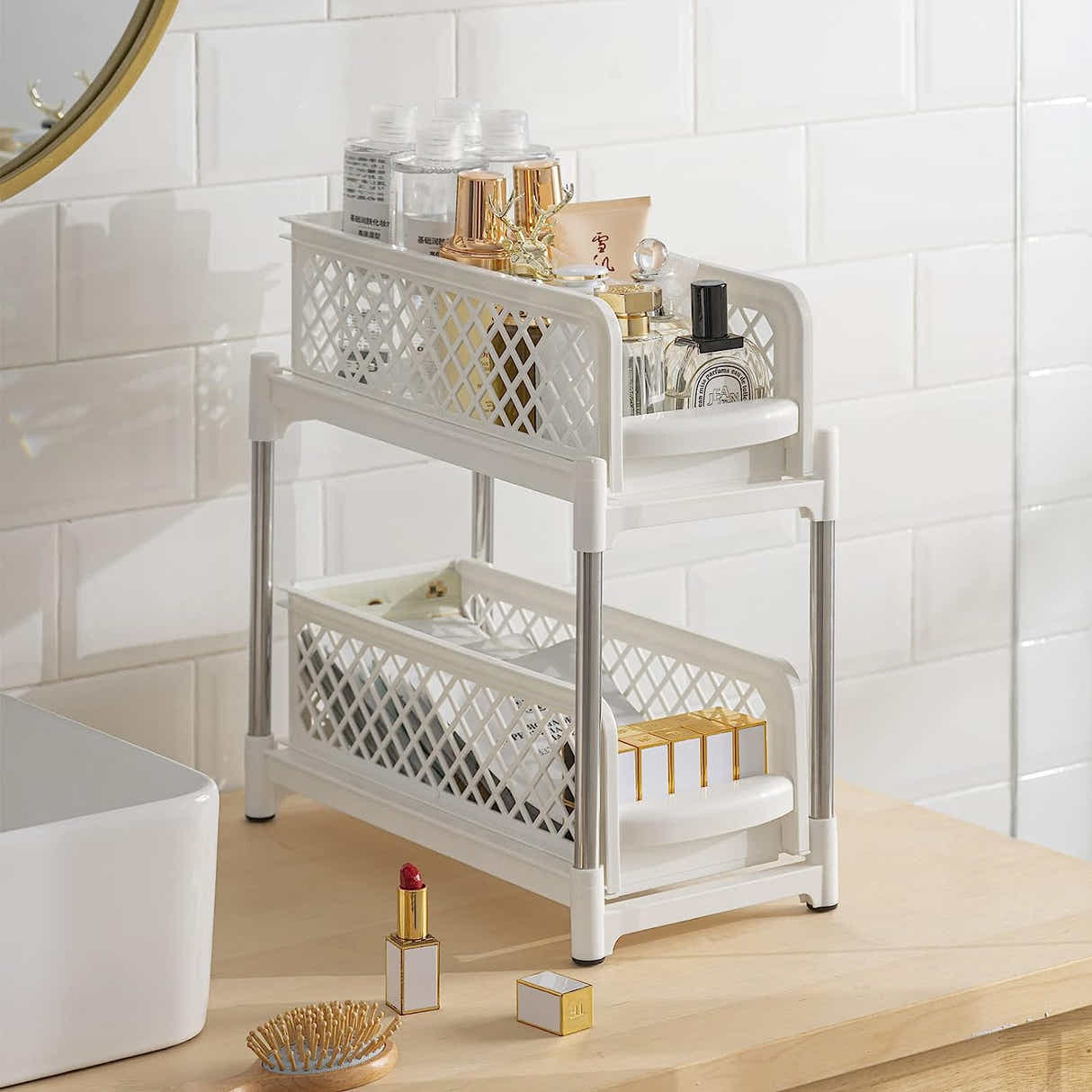 DS BS 2 Tier Bathroom Kitchen Countertop Pull Out Cabinet Organizer