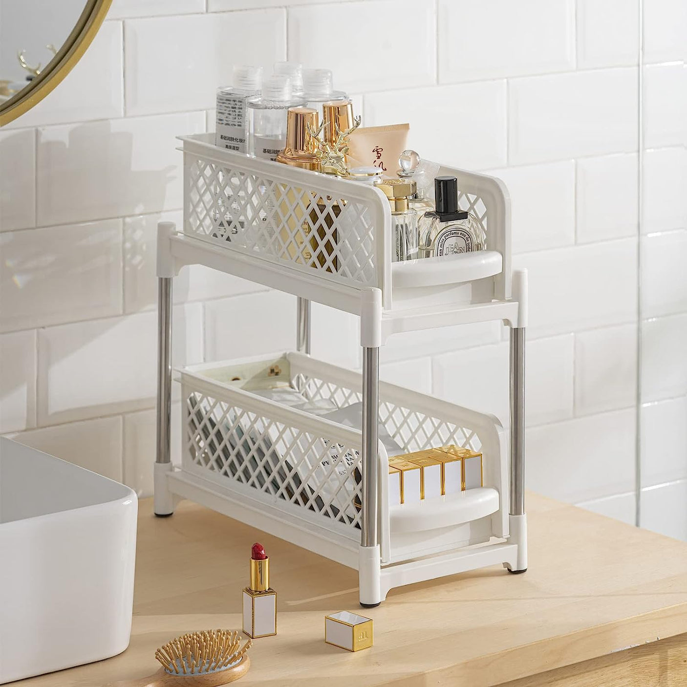 DS BS 2 Tier Bathroom Kitchen Countertop Pull Out Cabinet Organizer