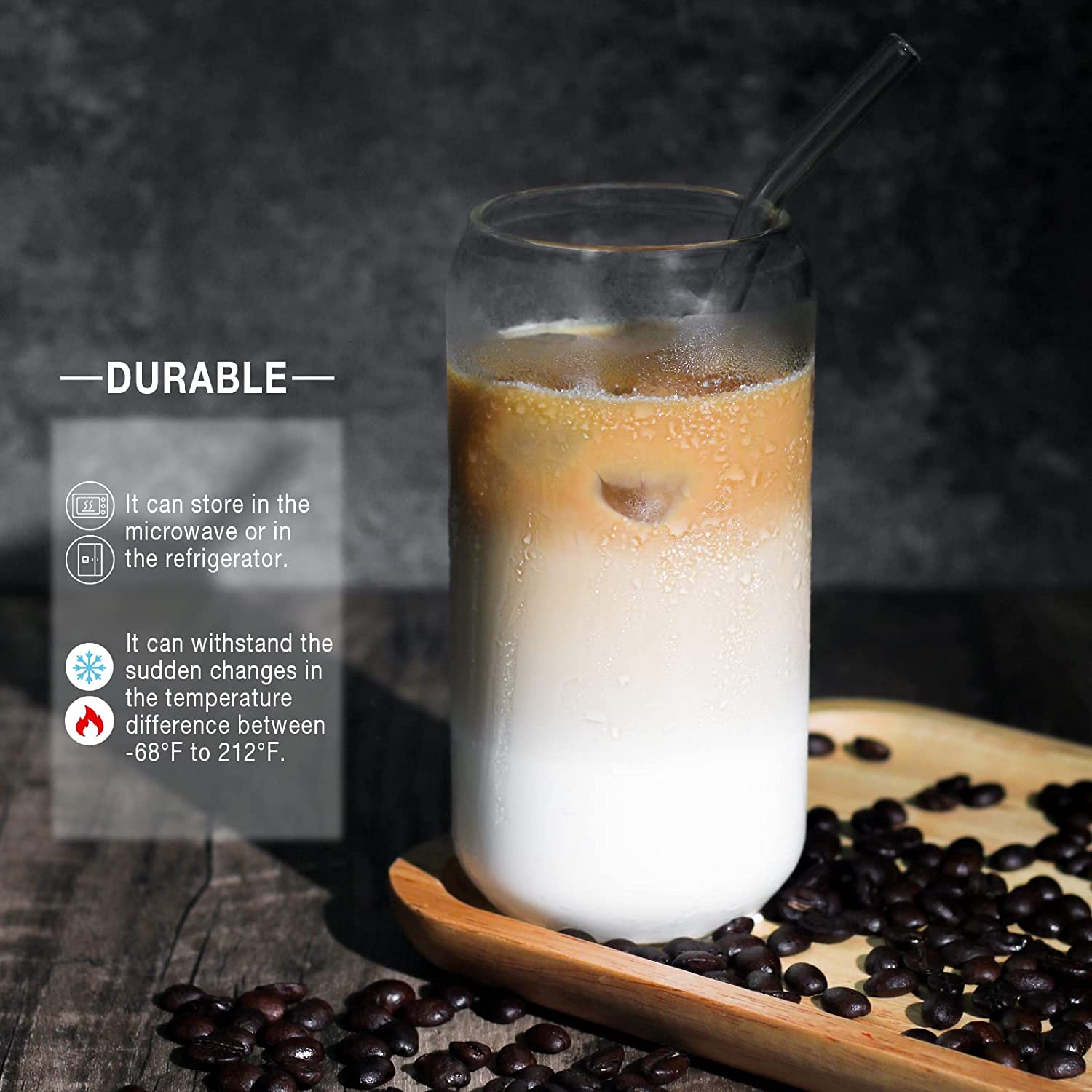 DS BS 6 Pack Drinking Glass Cup with Bamboo Lid and Straw Set