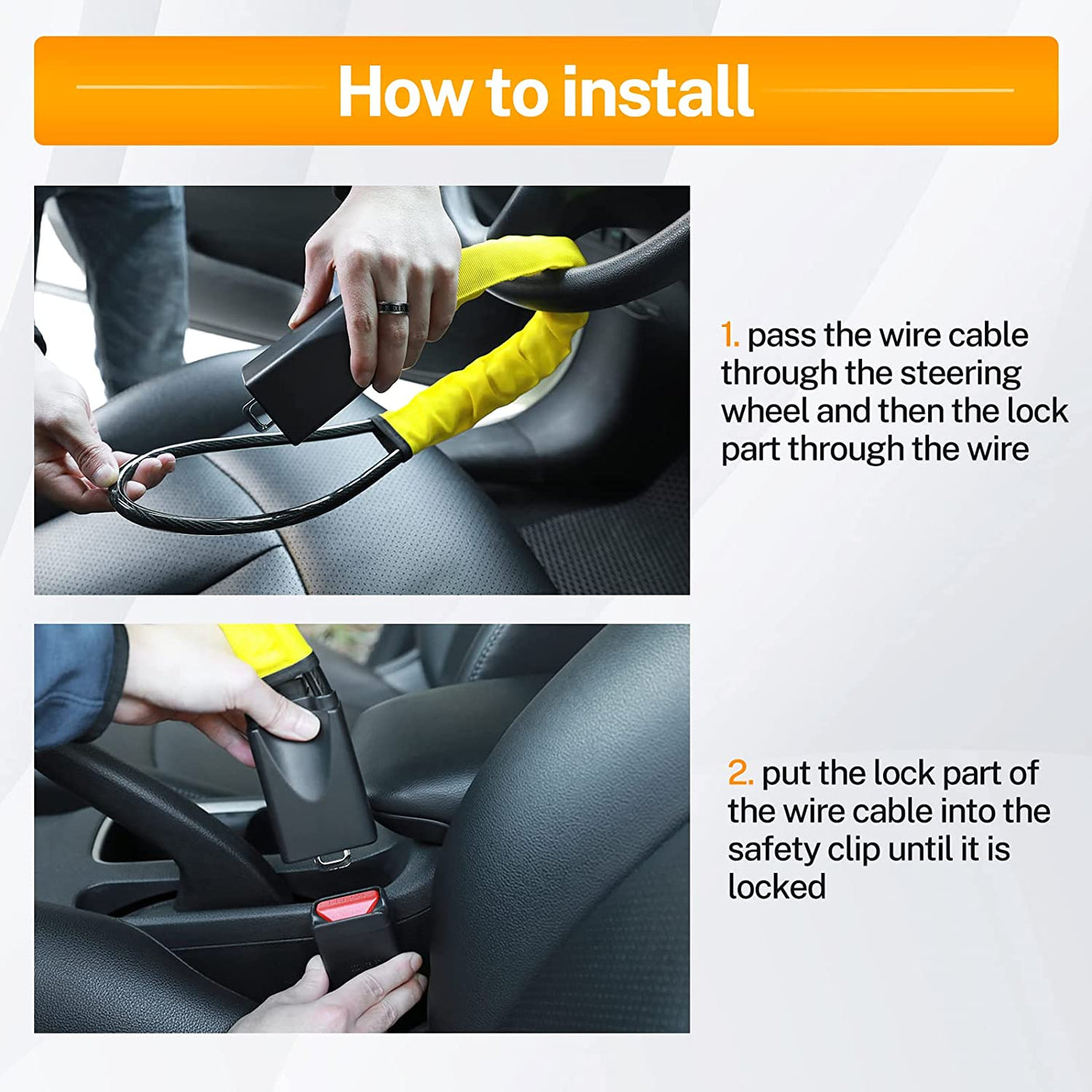 DS BS Universal Anti-Theft Steering Wheel Steel Wire Lock-Yellow