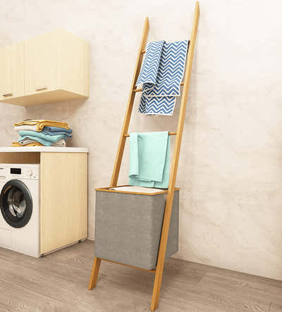 DS BS Bamboo Wall Leaning Ladder Laundry Basket Shelf 180 cm