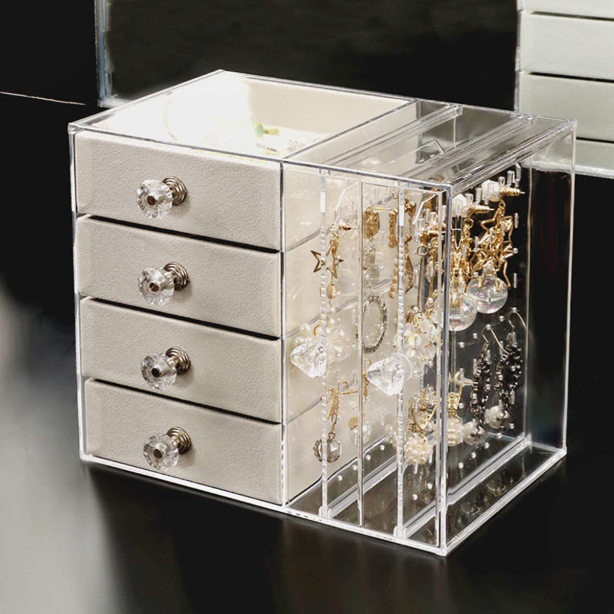 DS BS Acrylic Earring Holder and Jewelry Organizer 2 Slots 4 Drawers