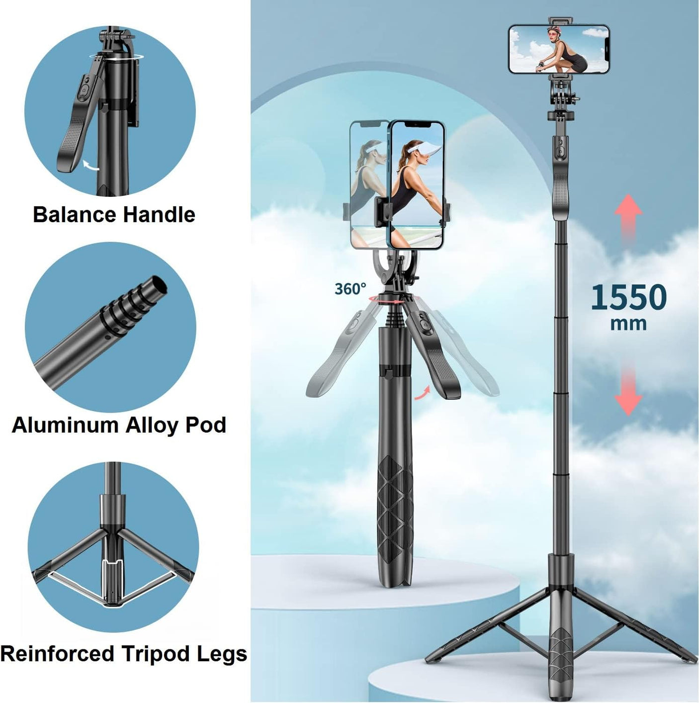 DS BS 1.5M Extendable Tripod Stand with Stabilizer for iPhone, Android, Cameras