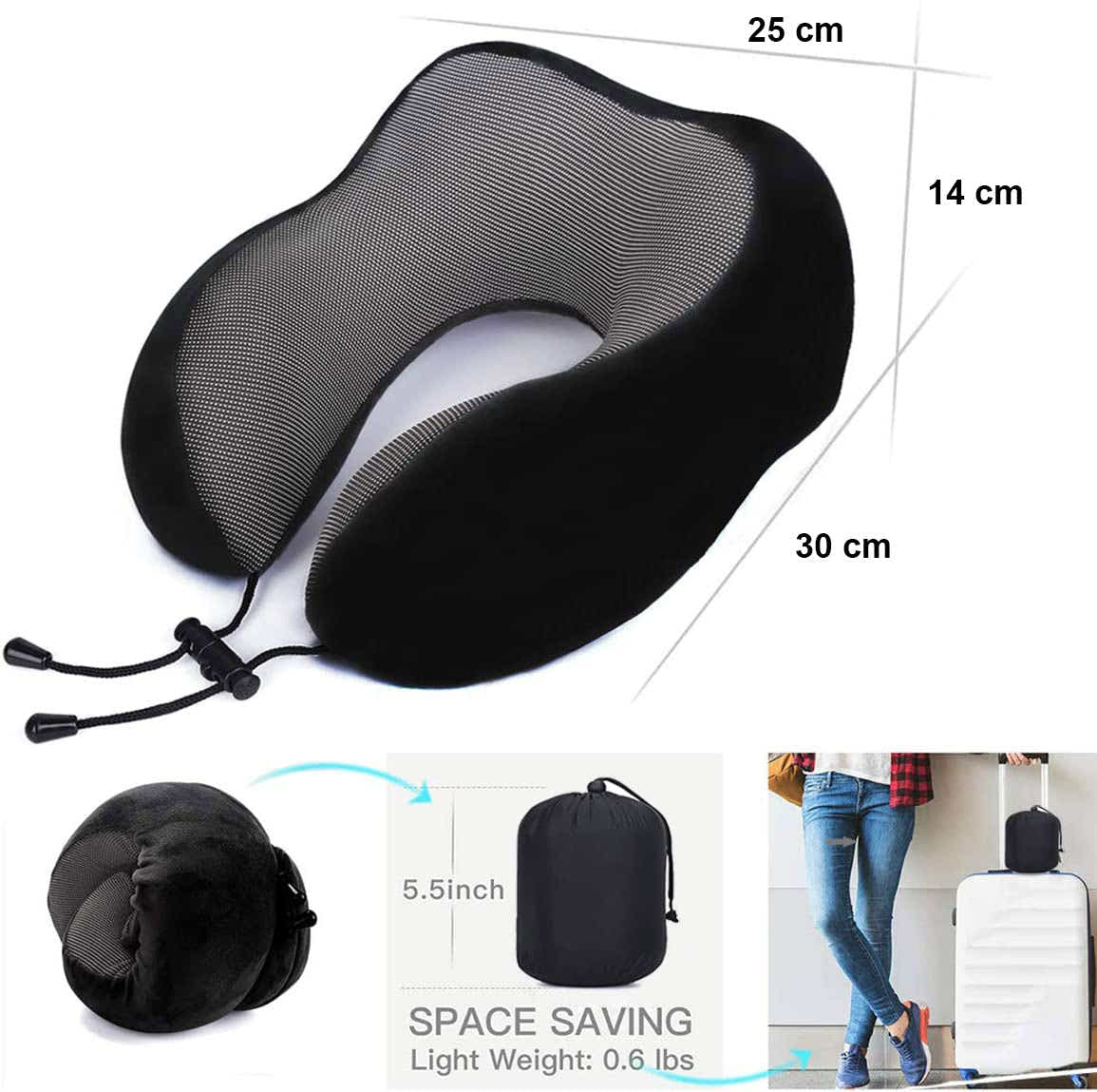 DS BS 4Pcs Airplane Travel Kit With Neck Pillow,Eye Masks,Earplugs-Black