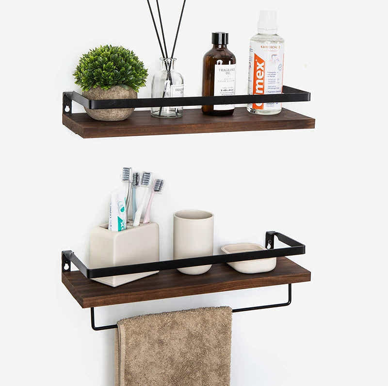 DS BS 2 Tier Rustic Floating Wall Shelves with Rails