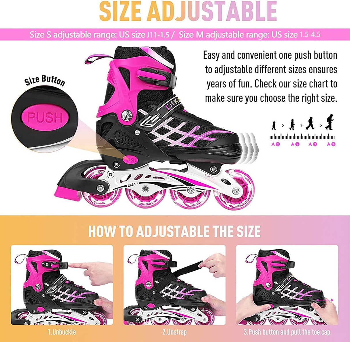 DS BS Kids Adjustable Inline Skates with Light Up Wheels Size33-37Pink