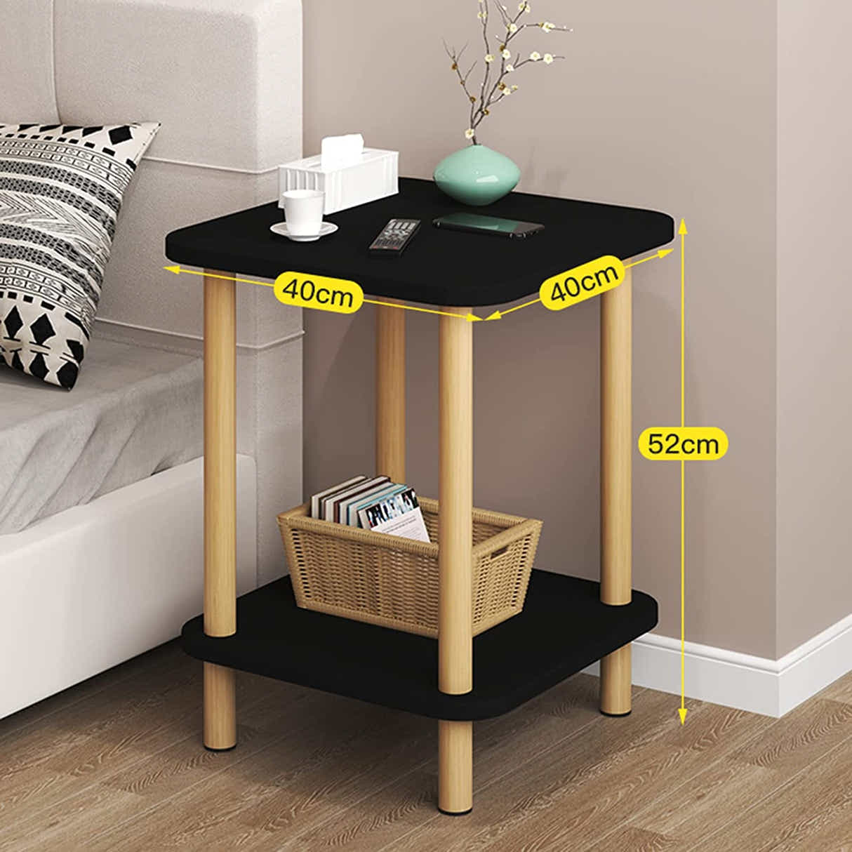 DS BS 2-Tier Tall Square Wooden Side Table Bedside Table-Black