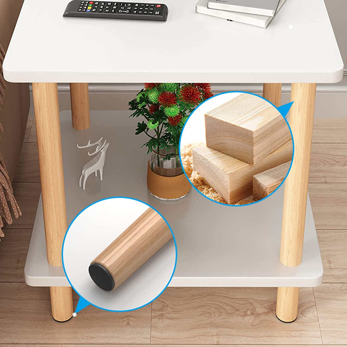 DS BS 2-Tier Tall Square Wooden Side Table Bedside Table-White