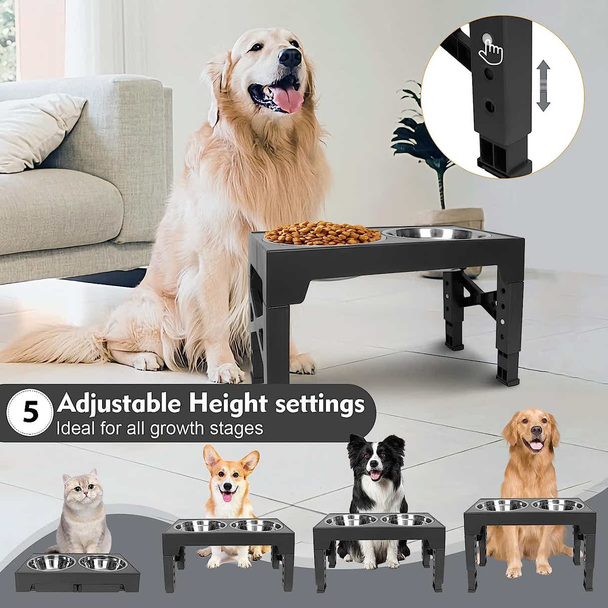 DS BS 5 Height Adjustable Elevated Dog Feeder Table with 2 Dog Bowl