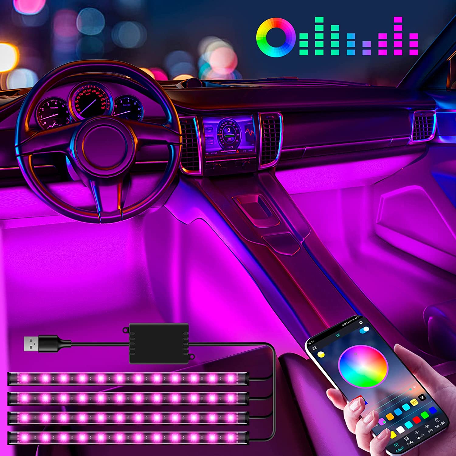 DS BS Car Interior Strip Light Kit Music Sync